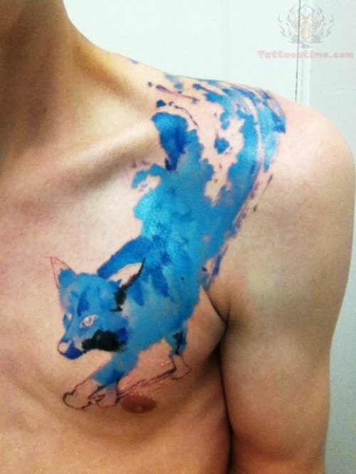 Blue Fox Tattoo On Collarbone