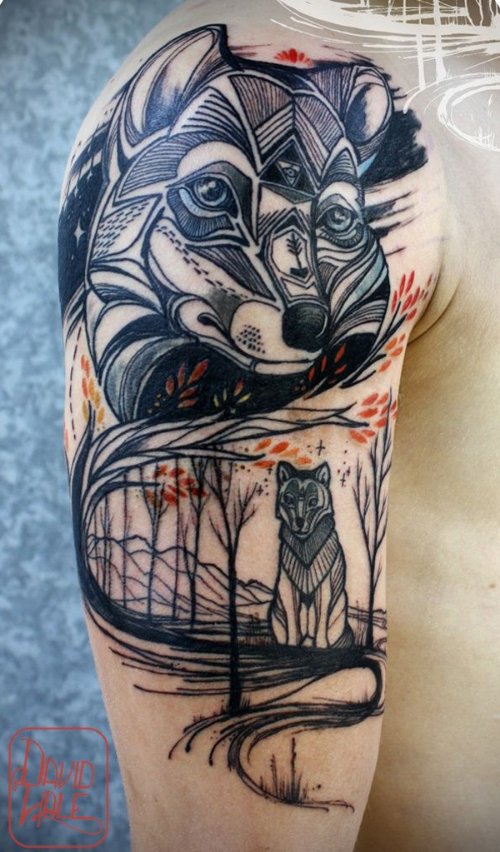 Amazing Grey Ink Fox Head Tattoo On Man Right Half Sleeve