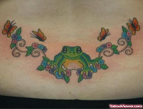 Lower Back Frog & Flowers Tattoo