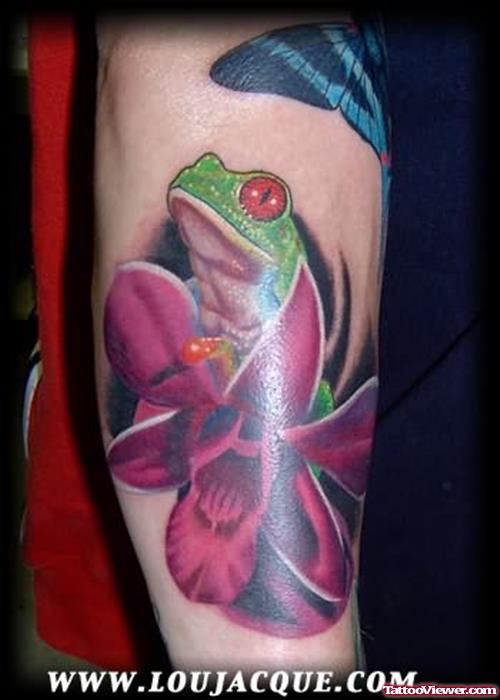 Green Frog In Pink Flowers Tattoo