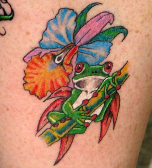 Color Flowers And Frog Tattoo