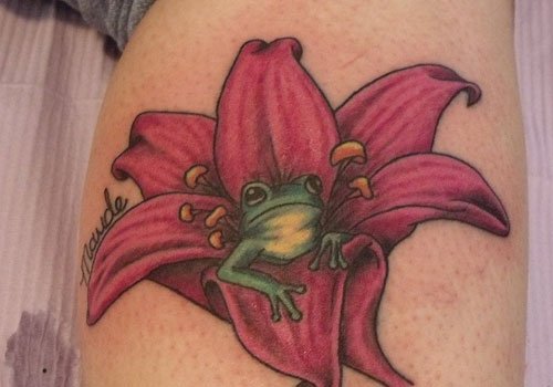 Lily Flower Frog Tattoo On Leg