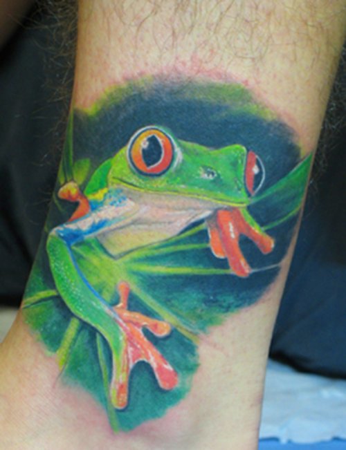 Green Frog Tattoo On Side Legs