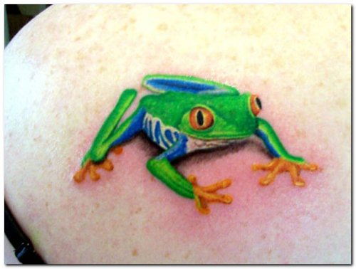 Amazing Green Frog Tattoos On Back Shoulder