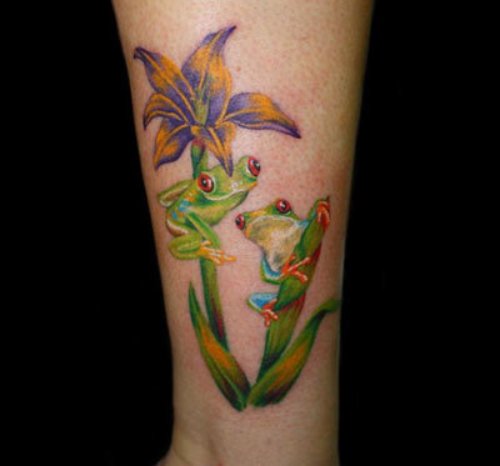 Purple Flower And Frog Tattoos On Arm