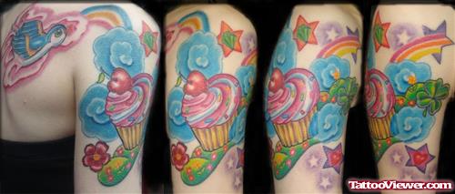 Fruits And Cake Tattoo On Shoulder