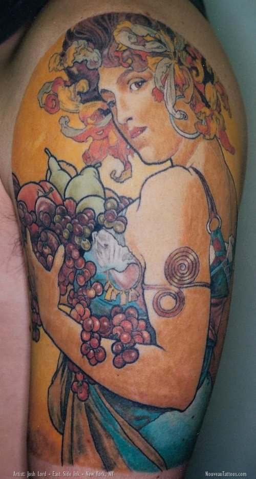 Mucha Fruit Tattoo On Shoulder