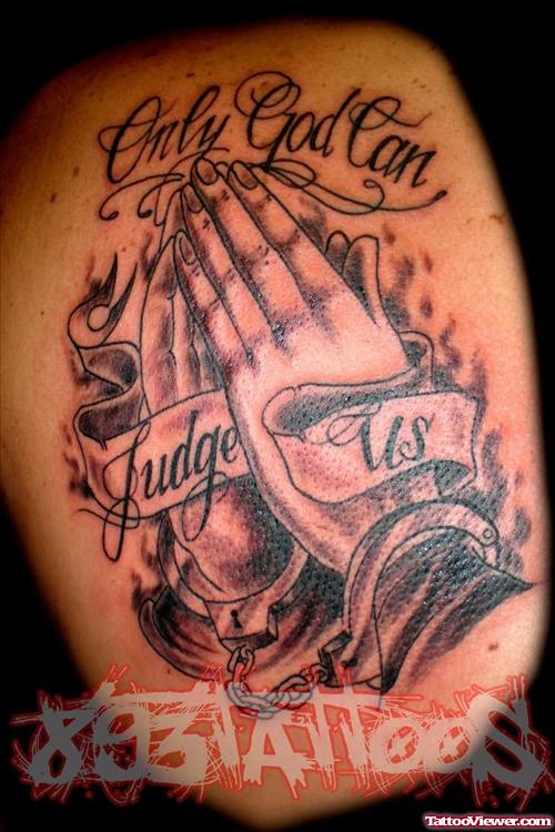 Grey Ink Praying Hands Gambling Tattoo