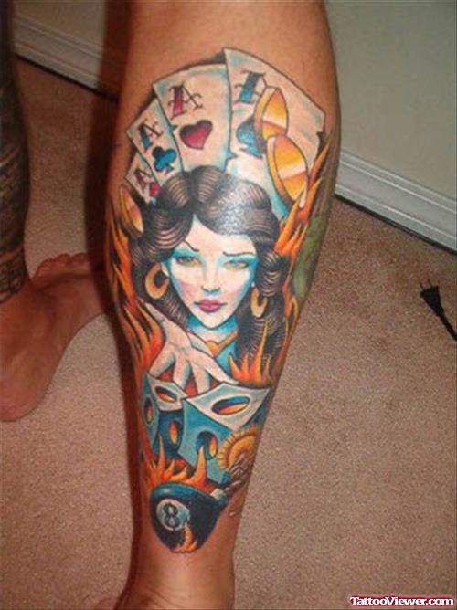 Colored Cards Gambling Tattoo On Leg