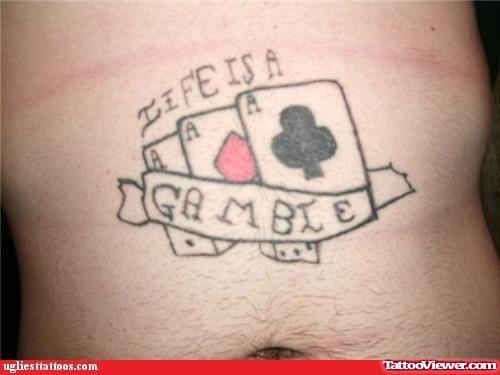 Color Ink Cards And Gambling Banner Tattoo On Belly