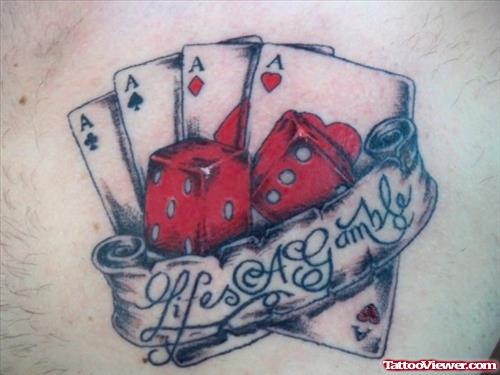 Cards And Dice Gambling Tattoo On Chest