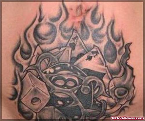 Amazing Grey Ink Flaming Gambling Tattoo