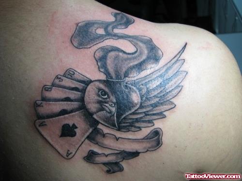 Sacred Heart and Cards Gambling Tattoo On Right Back SHoulder