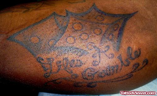 Grey Ink Dice Gambling Tattoo On Arm
