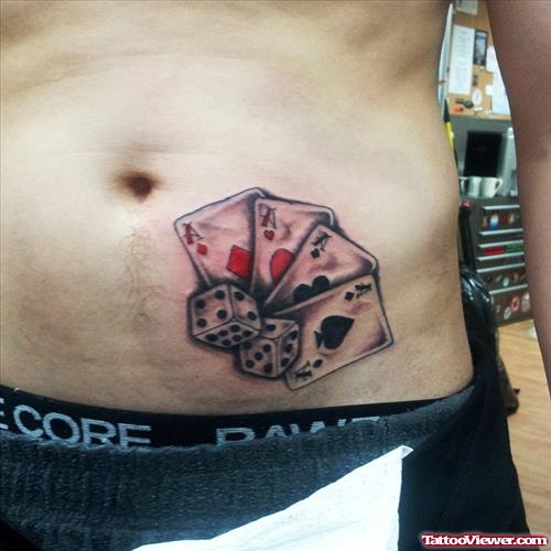 Grey Ink Dice and Cards Gambling Tattoo On Hip