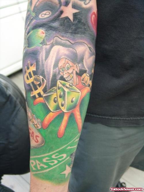 Gren Dices And Joker Gambling Tattoo On Right Sleeve