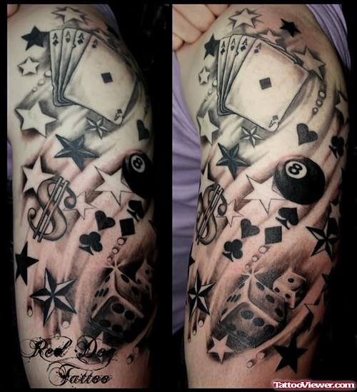 Cool Grey Ink Gambling Tattoo On Left Sleeve
