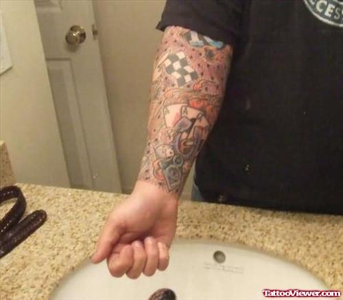 Colored Gambling Tattoo On Right Forearm
