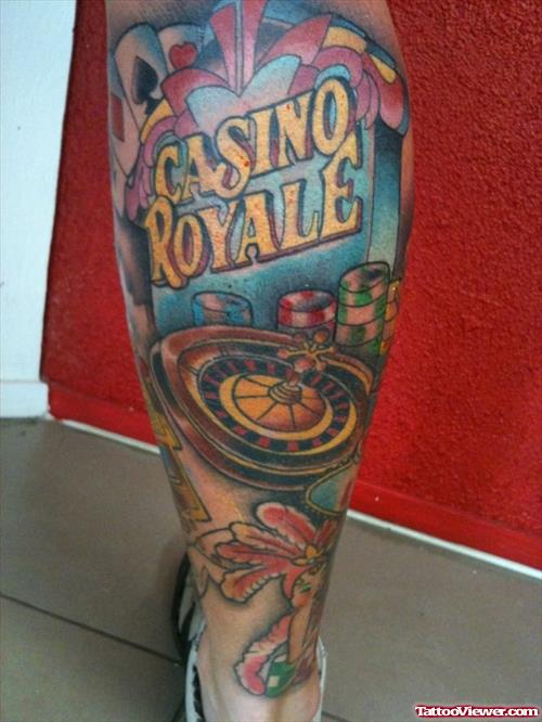 Casino Royale Gambling Tattoo On Right Back Leg