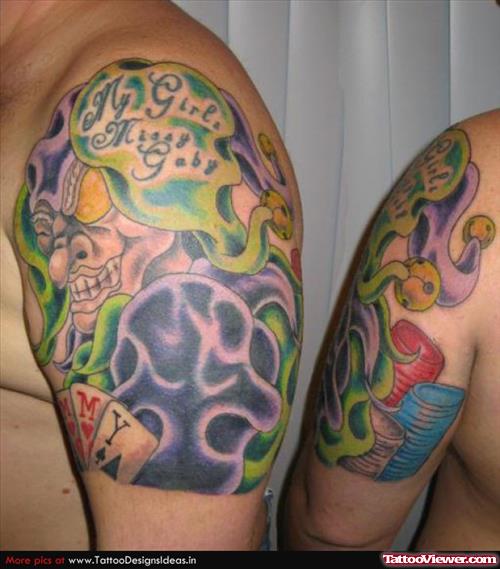 Awesome Colored Gambling Tattoos On Half Sleeves