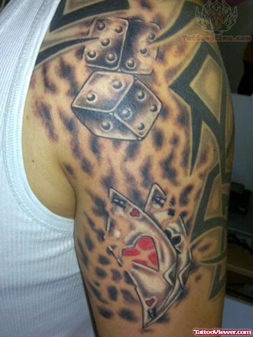 Grey Ink Dice and Cards Gambling Tattoo On Arm