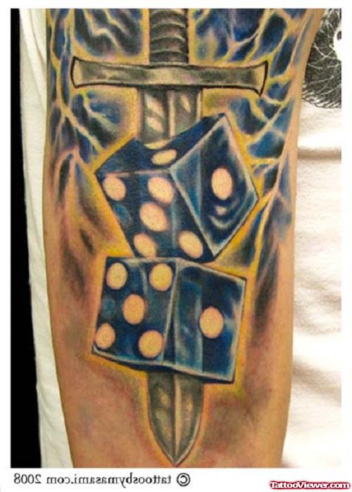 Blue Ink Dice And Dagger Tattoo On Right Arm