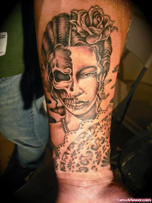 Grey Ink Zombie Gambling Tattoo On Forearm
