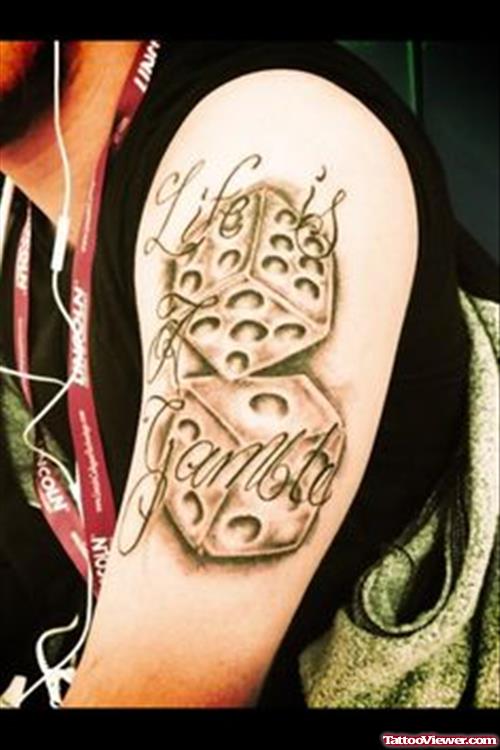 Grey Ink Dice Gambling Tattoo On Left Half Sleeve
