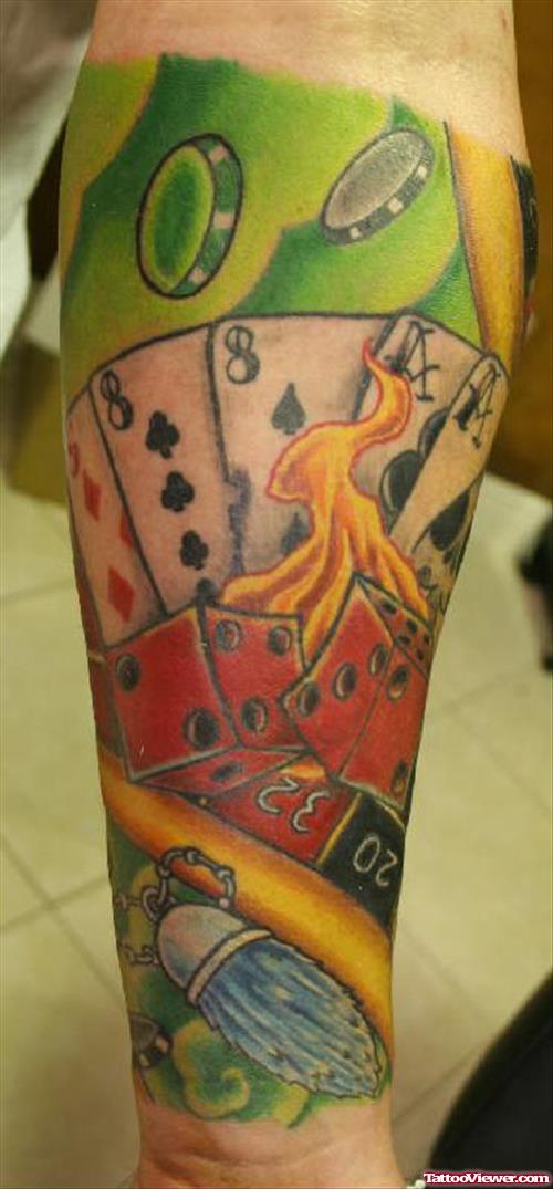 Amazing Cards And Flaming Dice Gambling Tattoo On Arm