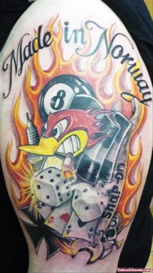 Made In Nor Way Flaming Piston And Eaightball Gambling Tattoo On Arm