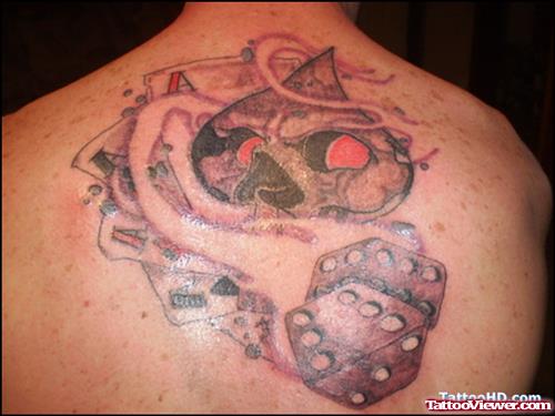 Grey Ink Spade and Dice Gambling Tattoo On Back