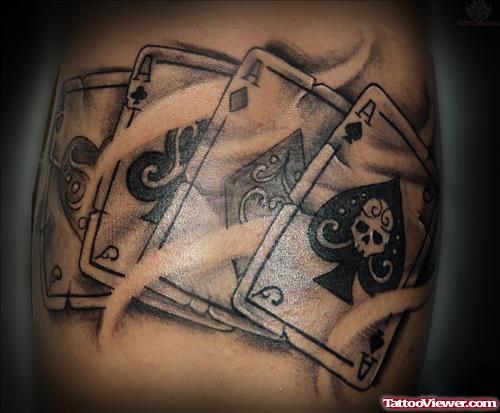 Grey Ink Flaming Cards Gambling Tattoo