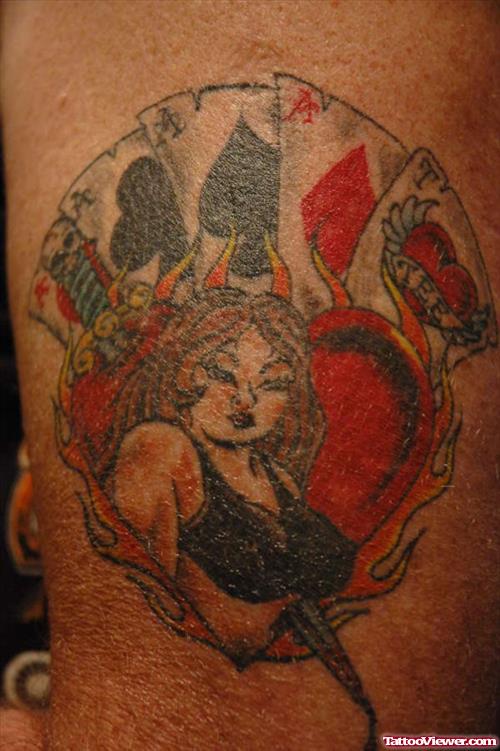 Colored Gambling Cards And Pinup Girl Tattoo