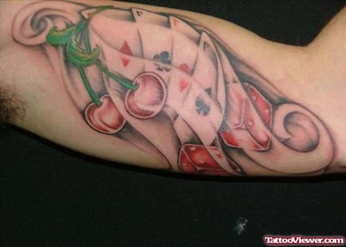 Cherry and Cards Gambling Tattoo On Half Sleeve