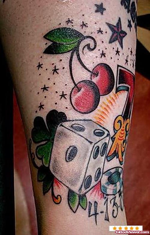 Red Ink Cherry and Gambling Dice Tattoo On Arm