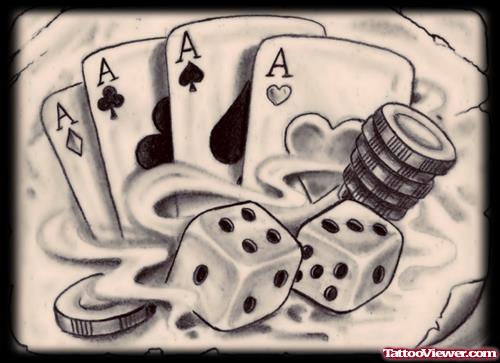 Grey Ink Dice and Cards Gambling Tattoo Design