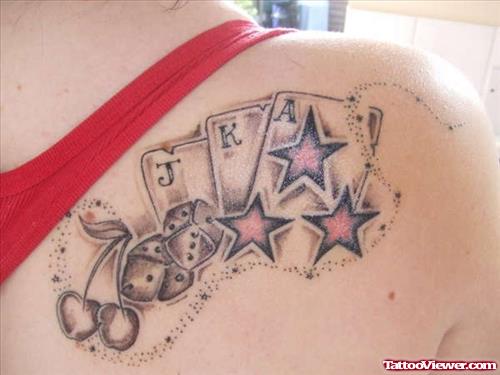 Stars And Cards Gambling Tattoo on Right Back Shoulder