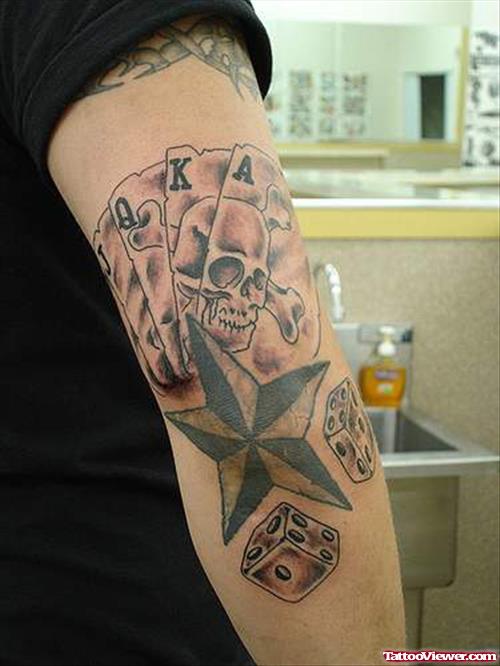Nautical Star, Dice and Gambling Cards Tattoos On Sleeve
