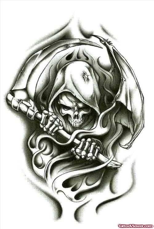 Grey Ink Flaming Grim Reaper Gambling Tattoo Design