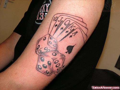 Dice And Poker Cards Gambling Tattoo On Left Arm