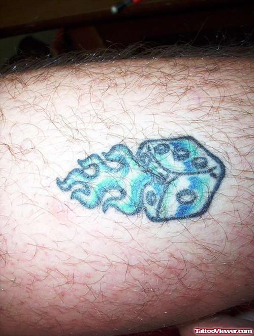 Blue Ink Flaming Dice Gambling Tattoo