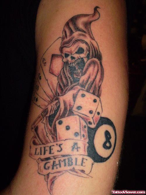 Life Is A Gamble Joker Dice Tattoo On Sleeve