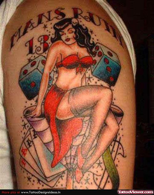 Pinup Girl And Gambling Tattoo On Left Half Sleeve