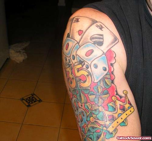 colored Dice And Cards Gambling Tattoo On Right Shoulder