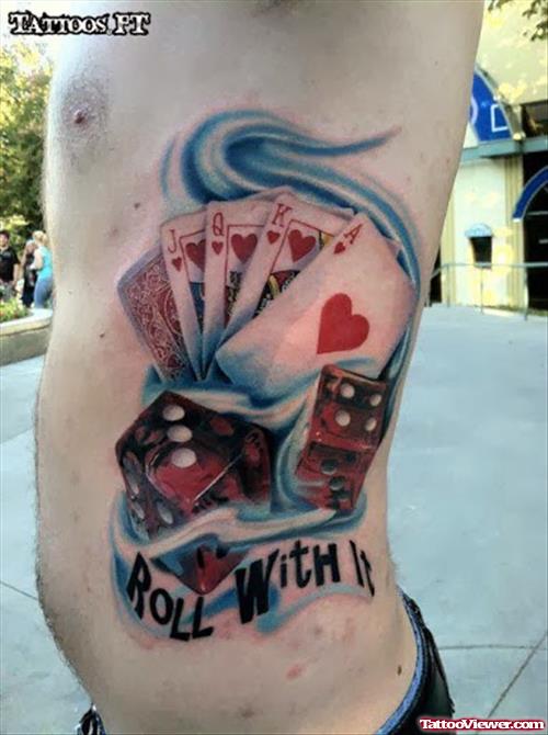 Gambling Tattoo On Man Left Side Rib