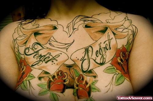 Forget Regret Gambling Tattoo On Girl Chest