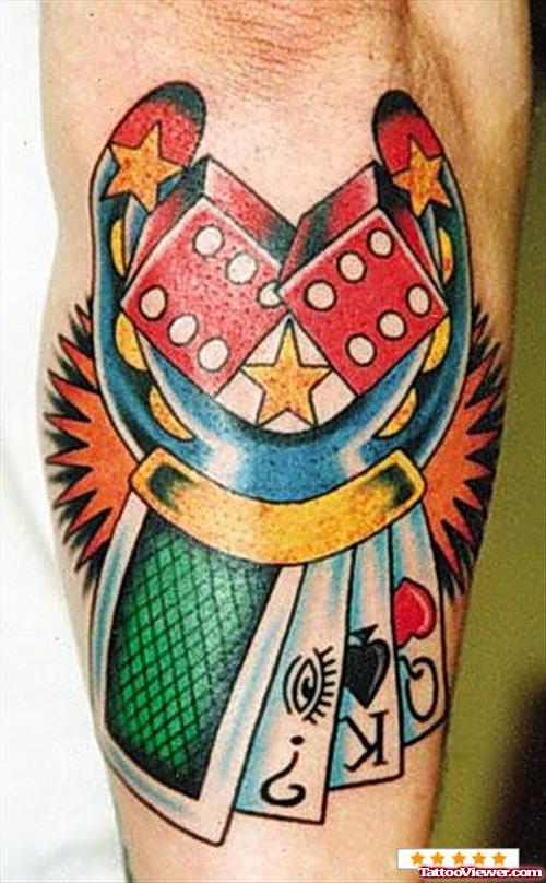 Colored Horseshoe and Gambling Tattoo On Arm