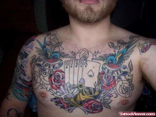 Red Flowers and Gambling Tattoo On Man Chest