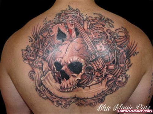 Grey Ink Skull and Cards Gambling Tattoo On Upperback