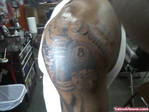 Grey Ink Eaightball Tattoo On Left Arm